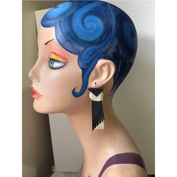 Artisan Handmade Gold and black art deco abstract fringe statement earrings - Picture 2 of 10